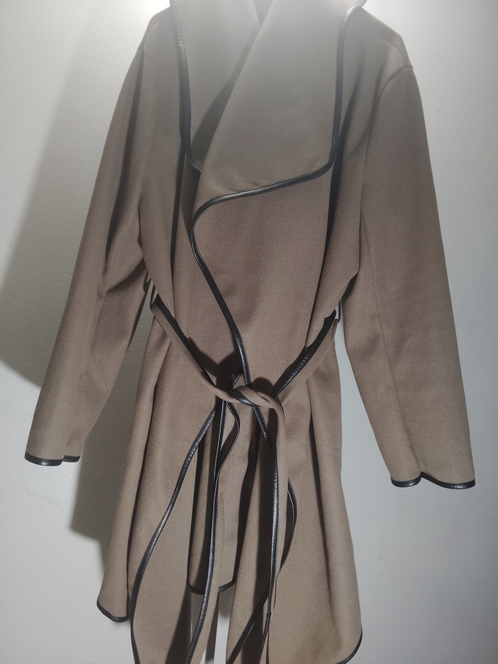 SHEIN Taupe Wrap Coat with Black Trim